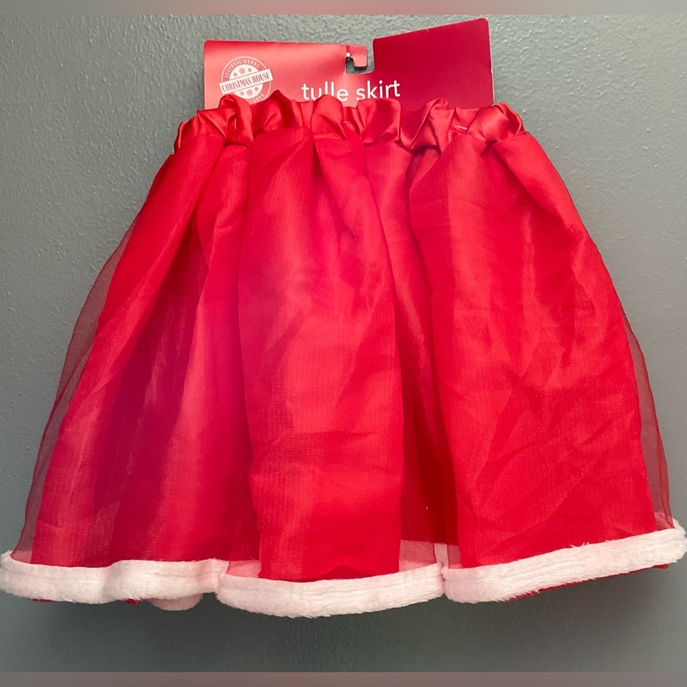 Tulle Skirt 100% poly,faux fur hem red/white L14” width 20” Christmas House